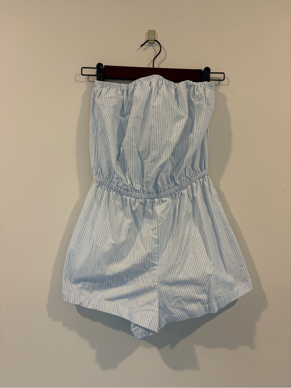 Kimchi Blue Light Blue and White Striped Strapless Romper Shorts